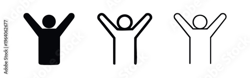 Person with raised hands icon set. Silhouette and outline symbol for celebration, success, or asking on white background.