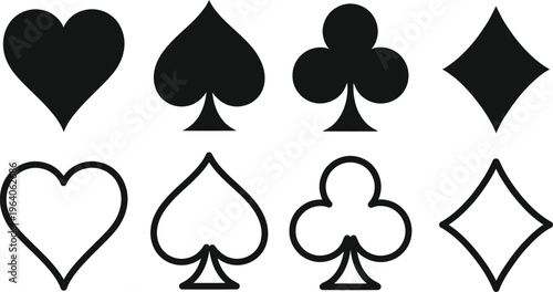 A set of eight playing card suits in black and white