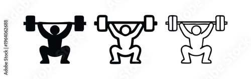 Weightlifting icon set. Person squatting with barbell overhead silhouette and outline symbol on white background.
