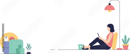 Relaxed Woman Enjoying Tranquil Leisure Time at Home, Comfortably Seated on the Floor While Engaging with a Digital Tablet in a Cozy Indoor Setting