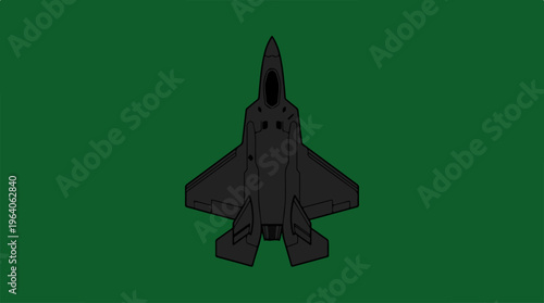 Stealth fighter jet silhouette against a vibrant green background.