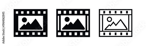 Film strip with image icon set in solid, outline, and hand-drawn styles, representing media and photography