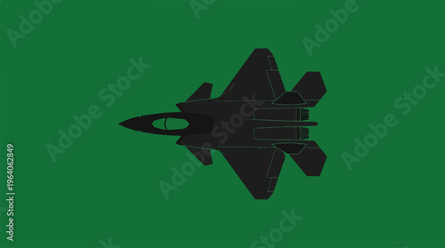 Stealth fighter jet silhouette against a vibrant green backdrop.