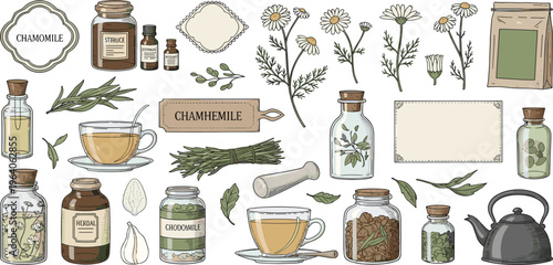 Chamomile Herbal Tea Vector Set Featuring Dried Flowers Bottles Labels Teapot and Natural Ingredients for Organic Wellness Packaging and Botanical Illustration Design