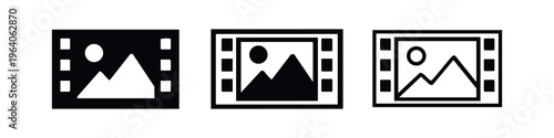 Film strip with image icon set in solid, outline, and hand-drawn styles, representing media and photography