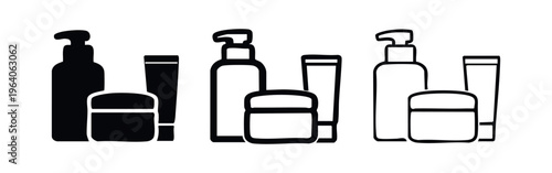 Skincare Product Icons Set with Bottle, Jar, and Tube, Cosmetic Collection Symbols