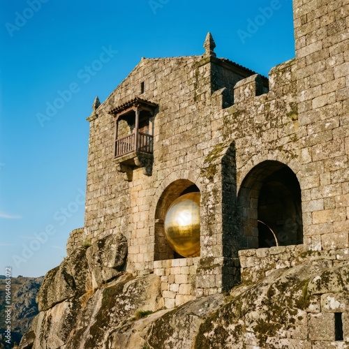 Historic Stone Fortress On Cliff With Golden Orb.