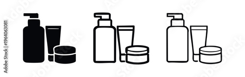 Cosmetic bottles and jars icon set. Skincare product containers symbols in various styles on isolated background.