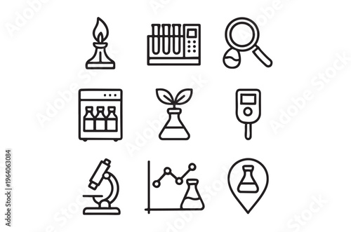 WebA set of line art icons representing various scientific and laboratory concepts, including a flame, test tubes, a magnifying glass, a microscope, and beakers, useful for educational or business pur