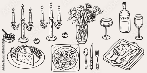 Elegant dinner setting with candles wine and food a dark silhouette