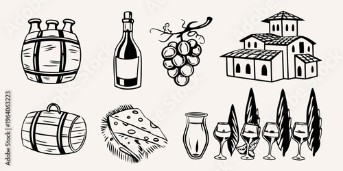 Wine production elements including barrels bottles and a chateau silhouette