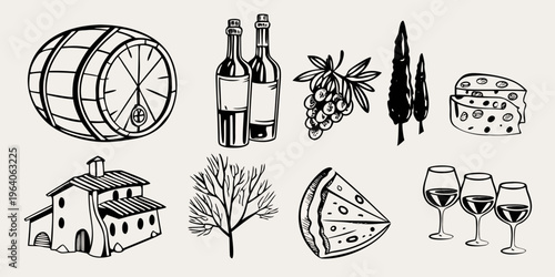 Wine themed doodle set featuring a vineyard and tasting elements silhouette