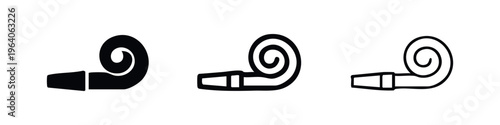 Party blower whistle icon set. Celebration noise maker symbols in various styles on isolated background.