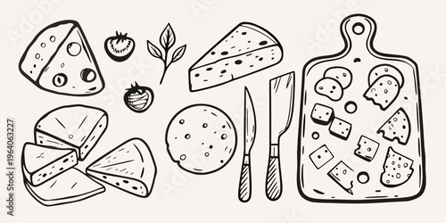 A collection of cheese berries and a cutting board silhouette