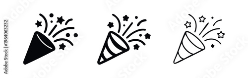 Party Popper Icon Set with Confetti and Stars for Celebration and Festive Events