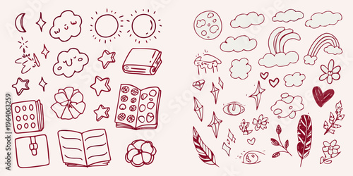 Hand drawn celestial and floral doodles with books a charming silhouette