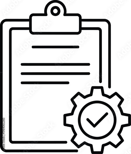 Clipboard with gear and checkmark icon for document management and configuration