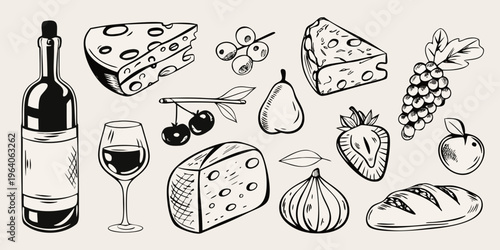 A charming still life of wine cheese and fruit in silhouette