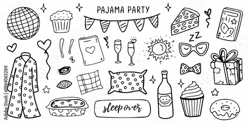 A whimsical pajama party illustration with treats and sleepover items silhouette