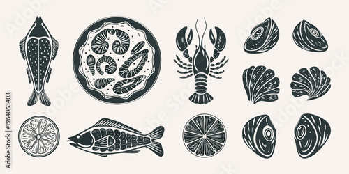 Vintage seafood illustration with various shellfish and fish silhouette