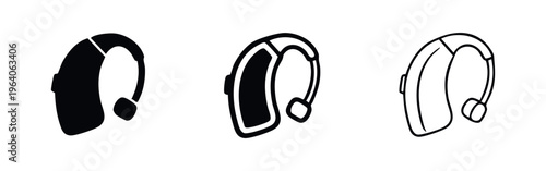Hearing aid icon set. Medical device for ear assistance and deafness support symbols. Audiology vector.
