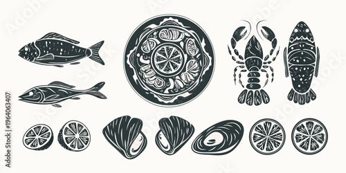 Seafood platter illustration with various marine delicacies a striking silhouette
