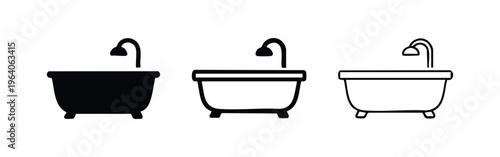 Bathtub icon set. Modern bathroom tub and shower symbols. Hygiene and relaxation vector illustration.