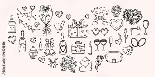 Romantic doodles and celebratory items arranged in a heart shape silhouette