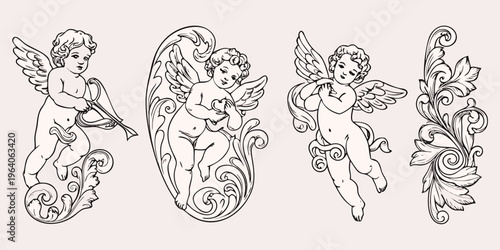 Vintage cherubic angels with ornate details a delicate silhouette