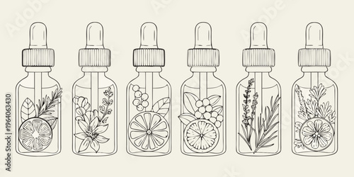 Elegant botanical dropper bottles displayed in a linear silhouette