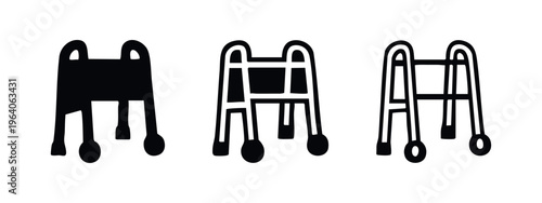 Medical walker icon set. Elderly mobility aid and disability support symbols. Rehabilitation equipment vector.