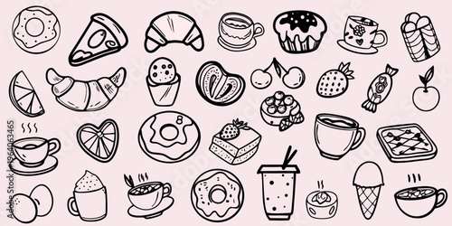 Hand drawn breakfast and dessert items in a playful black silhouette