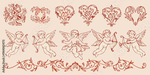 Vintage cherub and floral doodles create an ornate design silhouette