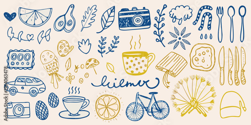 Doodle collection featuring everyday objects and a whimsical silhouette