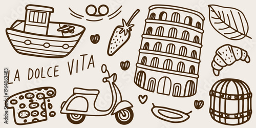 Italian travel doodles with a boat scooter and leaning tower silhouette