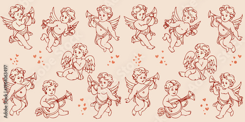 Charming vintage cherubs playing instruments with floral decorations silhouette