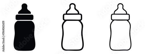 Baby Bottle Icon Set - Infant Feeding and Newborn Care Symbols in Solid and Outline Vector Styles