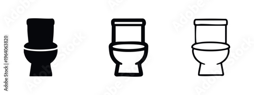 Toilet icon set. Restroom commode symbol in solid, outlined bold, and outlined thin styles for hygiene and facilities.