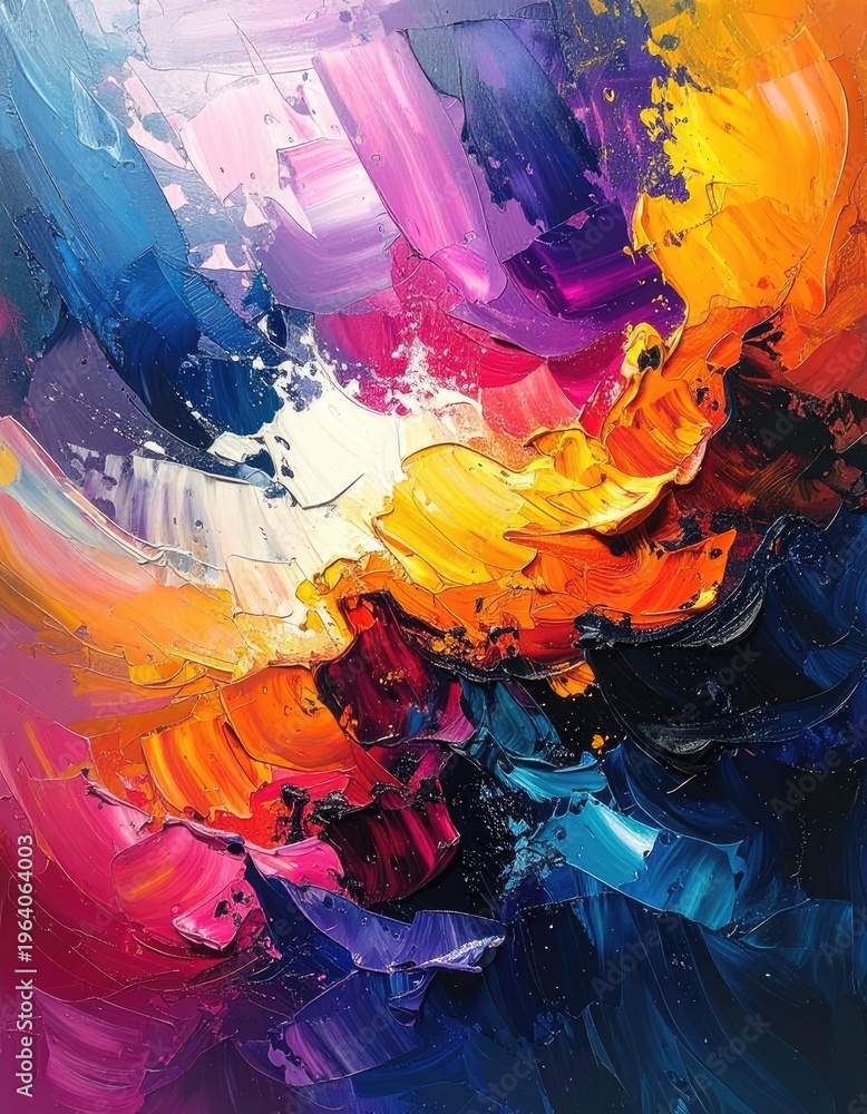 Fototapeta premium A vibrant abstract painting with thick, impasto brushstrokes in a dynamic explosion of color.
