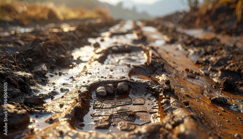 A close-up shot captures a muddy track with tire imprints filled with water.