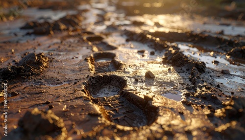 Footprints in Mud Under Golden Hour Light