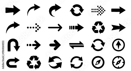 A collection of black and white arrow icons and symbols for navigation and direction
