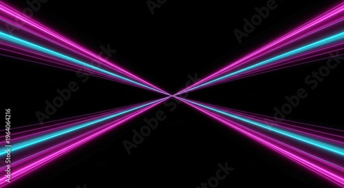 High intensity glowing trails of smooth magenta and cyan converging symmetrically on a deep black centered background on blacksolid background