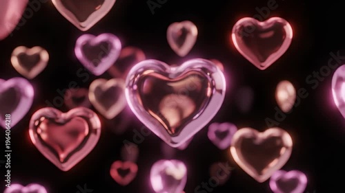 Glowing pink and red hearts on dark background