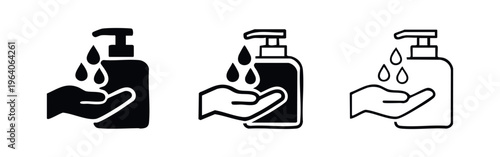 Hand Washing with Sanitizer Dispenser Icons Set. Hygiene and Hand Cleaning Vector Symbols. Disinfection Hand Soap Pump Icon