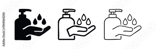 Hand Sanitizer and Liquid Drops Icons Set. Hygiene and Hand Cleaning Vector Symbols. Disinfection Hand Washing Pump Icon