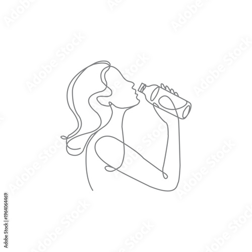 Continuous line drawing of sporty woman drink energy water from bottle. One line art concept of healthy life style.Dynamic one line draw graphic design vector illustration.