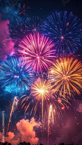 Vibrant fireworks explode in a dazzling display against a starry night sky.
