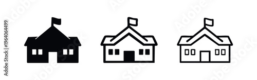 School Building Icon Set. Educational Institution and Government Building Symbols with Flag for Public Services.