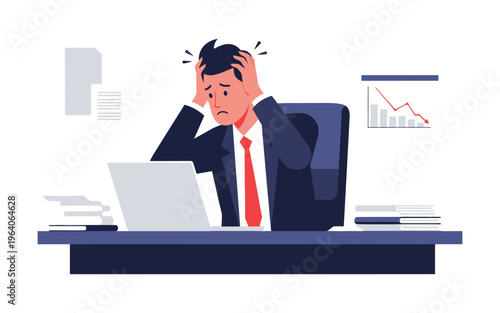 Stressed office worker holding head at laptop.